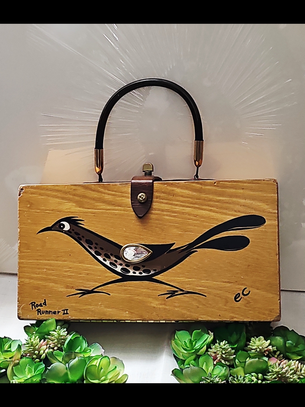 Vintage 1960s ENID COLLINS wooden box purse, "Roadrunner II" bird design
